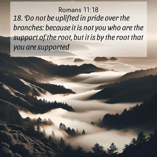 BasicEnglish Romans  ; image nature: image with the bible verse :Do not be uplifted in pride over the branches: because it is not you who are the support of the root, but it is by the root that you are supported. ; Admire our autumnal collection of Bible verse images accompanied by photos of paths lined with red and yellow leaves, fiery forests, and calm rivers. These images inspire reflection and serenity. Share verses like KJV Romans 11:18. Current verse is overlayed with the thematic nature scene : Coastal fog rolls inland through gaps in seaside hills. ; 11:18
