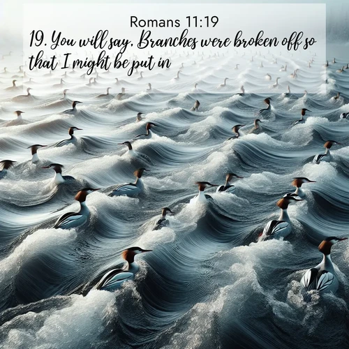 BasicEnglish Romans  ; image nature: image with the bible verse :You will say, Branches were broken off so that I might be put in. ; Dive into our collection of Bible verse images beautifully illustrated with beach photos, featuring gentle waves, sunsets over the sea, and sandy shores. These scenes evoke the peace and majesty of God. Download and share inspiring verses like KJV Romans 11:19. Current verse is overlayed with the thematic nature scene : Wild mergansers ride river rapids. Their wakes create endless patterns. ; 11:19