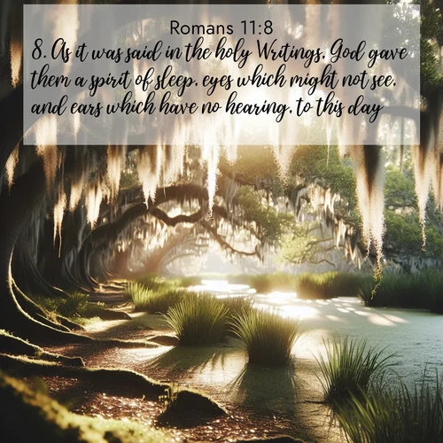 BasicEnglish Romans  ; image nature: image with the bible verse :As it was said in the holy Writings, God gave them a spirit of sleep, eyes which might not see, and ears which have no hearing, to this day. ; Discover a unique collection of Bible verses adorned with winter landscapes, such as snow-covered forests, gently falling snowflakes, and pristine mountains. These images evoke the peace and purity of God&#039;s creation. Share verses like KJV Romans 11:8. Current verse is overlayed with the thematic nature scene : Summer afternoon light filters through Spanish moss in a bayou. ; 11:8