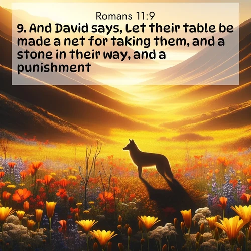 BasicEnglish Romans  ; image nature: image with the bible verse :And David says, Let their table be made a net for taking them, and a stone in their way, and a punishment: ; Explore an inspiring selection of Bible verse images adorned with nature photos, such as starry skies, verdant hills, and golden beaches. Each image reflects the peace and beauty of God&#039;s creation with vibrant colors and varied fonts. Share uplifting verses like KJV Romans 11:9. Current verse is overlayed with the thematic nature scene : Spring wildflowers carpet Death Valley in gold. A coyote&#039;s silhouette melts into the blooms. ; 11:9