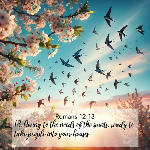 BasicEnglish Romans  ; image nature: image with the bible verse :Giving to the needs of the saints, ready to take people into your houses. ; Download high-resolution Bible verse images showcasing the beauty of God&#039;s creation—from radiant sunsets to tranquil rivers. Free for use as wallpapers or sharing verses like KJV Romans 12:13. Current verse is overlayed with the thematic nature scene : Spring migration fills the sky with countless swallows. ; 12:13