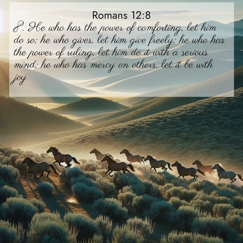 BasicEnglish Romans  ; image nature: image with the bible verse :He who has the power of comforting, let him do so; he who gives, let him give freely; he who has the power of ruling, let him do it with a serious mind; he who has mercy on others, let it be with joy. ; Explore Bible verses paired with beach photos, where waves gently crash on the sand and the sky glows with pastel hues at sunset. These scenes convey deep serenity. Download verses like KJV Romans 12:8. Current verse is overlayed with the thematic nature scene : Wild mustangs gallop across sage-covered hills in the morning light. ; 12:8