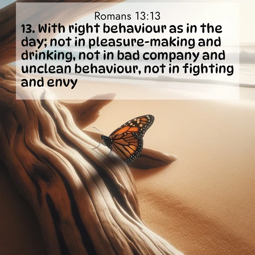 BasicEnglish Romans  ; image nature: image with the bible verse :With right behaviour as in the day; not in pleasure-making and drinking, not in bad company and unclean behaviour, not in fighting and envy. ; Dive into our collection of Bible verse images beautifully illustrated with beach photos, featuring gentle waves, sunsets over the sea, and sandy shores. These scenes evoke the peace and majesty of God. Download and share inspiring verses like KJV Romans 13:13. Current verse is overlayed with the thematic nature scene : A single monarch butterfly alights on a sun-bleached driftwood log. Waves crash endlessly on the empty beach beyond. ; 13:13