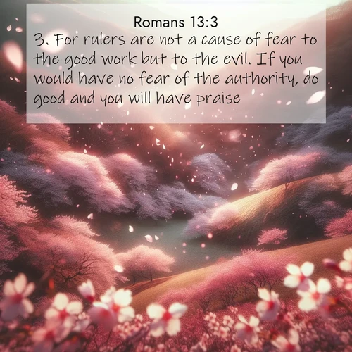 BasicEnglish Romans  ; image nature: image with the bible verse :For rulers are not a cause of fear to the good work but to the evil. If you would have no fear of the authority, do good and you will have praise; ; Admire our free collection of Bible verse images with beautiful landscapes like sunlit forests, rippling waters, and radiant dawns. Each verse, such as KJV Romans 13:3, is ready to download and share. Current verse is overlayed with the thematic nature scene : Cherry blossoms blanket the hillside in soft pink snow, swirling through the air like nature&#039;s confetti. ; 13:3