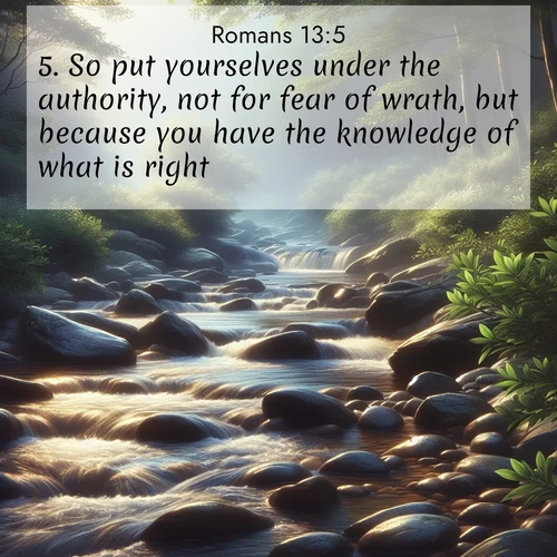 BasicEnglish Romans  ; image nature: image with the bible verse :So put yourselves under the authority, not for fear of wrath, but because you have the knowledge of what is right. ; Discover tranquil Bible verse images enhanced with natural scenery like rippling brooks, snow-covered fields, and sunlit beaches. These free images are perfect for wallpapers or spiritual reflection. Share KJV Romans 13:5. Current verse is overlayed with the thematic nature scene : A mountain stream tumbles over smooth rocks between banks of mountain laurel. ; 13:5