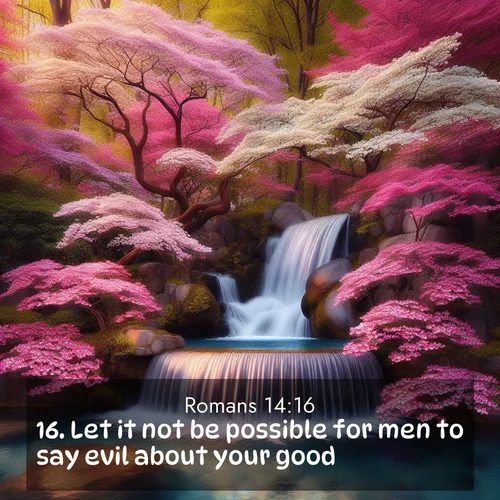 BBE Romans 14:16 overlaying nature image scene: A spring cascade plunges into a pool surrounded by flowering dogwood.;16. Let it not be possible for men to say evil about your good: