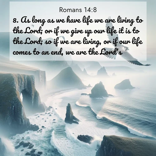 BBE Romans 14:8 overlaying nature image scene: A peregrine falcon rides thermal currents above coastal cliffs. Waves crash endlessly against the rocks below.;8. As long as we have life we are living to the Lord; or if we give up our life it is to the Lord; so if we are living, or if our life comes to an end, we are the Lord's.