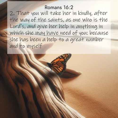 BasicEnglish Romans  ; image nature: image with the bible verse :That you will take her in kindly, after the way of the saints, as one who is the Lord&#039;s, and give her help in anything in which she may have need of you: because she has been a help to a great number and to myself. ; Discover our unique collection of Bible verse images integrated with photos showcasing the majesty of nature, such as rocky mountains, ancient trees, and crystal-clear lakes. These images feature luminous colors and text in varied fonts, reflecting the harmony of God&#039;s creation. Download verses like KJV Romans 16:2. Current verse is overlayed with the thematic nature scene : A single monarch butterfly alights on a sun-bleached driftwood log. Waves crash endlessly on the empty beach beyond. ; 16:2