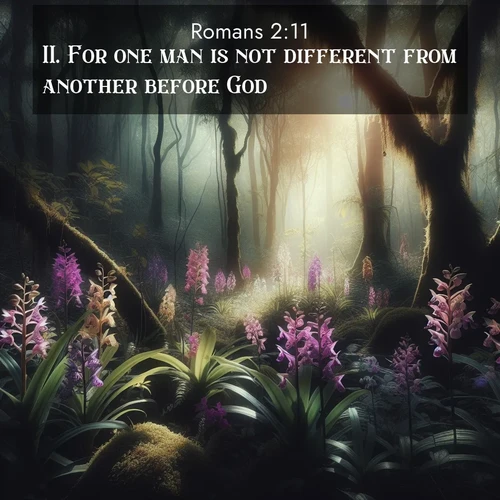 BasicEnglish Romans  ; image nature: image with the bible verse :For one man is not different from another before God. ; Explore a spring collection of Bible images, with landscapes of green hills, wildflowers, and crystal-clear streams. These images symbolize the blossoming of God&#039;s creation. Download verses like KJV Romans 2:11. Current verse is overlayed with the thematic nature scene : Wild orchids bloom in forest shade. Filtered light reveals their grace. ; 2:11