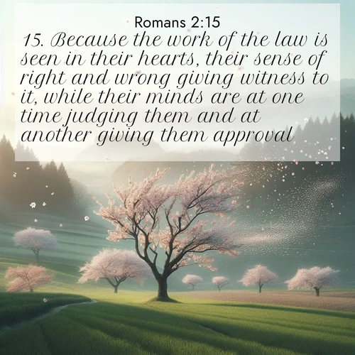 BasicEnglish Romans  ; image nature: image with the bible verse :Because the work of the law is seen in their hearts, their sense of right and wrong giving witness to it, while their minds are at one time judging them and at another giving them approval; ; Discover Bible images capturing the splendor of deserts, with golden dunes, vast skies, and peaceful oases. These landscapes highlight the grandeur and serenity of God&#039;s creation. Share verses like KJV Romans 2:15. Current verse is overlayed with the thematic nature scene : Spring winds scatter cherry blossoms like snow. ; 2:15
