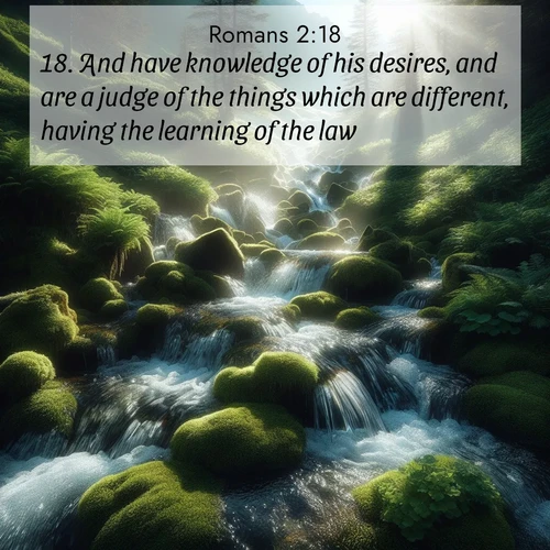 BasicEnglish Romans  ; image nature: image with the bible verse :And have knowledge of his desires, and are a judge of the things which are different, having the learning of the law, ; Download Bible verse images featuring vibrant photos of nature, from snowy landscapes to golden deserts. These free images are perfect for phone wallpapers, desktop backgrounds, or sharing. Verses include KJV Romans 2:18. Current verse is overlayed with the thematic nature scene : Mountain streams tumble through moss. Sunlight creates crystal prisms. ; 2:18