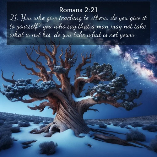 BasicEnglish Romans  ; image nature: image with the bible verse :You who give teaching to others, do you give it to yourself? you who say that a man may not take what is not his, do you take what is not yours? ; Explore Bible verses combined with serene beach photos, desert dunes, and infinite skies, highlighting God&#039;s majesty in every landscape. Download and share inspiring verses like KJV Romans 2:21. Current verse is overlayed with the thematic nature scene : Ancient bristlecone pine twists against a navy twilight sky, its gnarled branches laden with fresh snow. The Milky Way arcs overhead in crystalline clarity. ; 2:21
