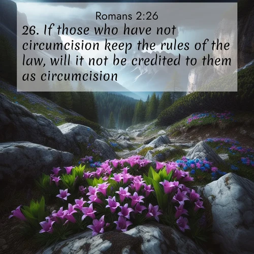 BasicEnglish Romans  ; image nature: image with the bible verse :If those who have not circumcision keep the rules of the law, will it not be credited to them as circumcision? ; Explore a stunning collection of Bible verse images featuring picturesque scenery like sun-drenched meadows, tranquil lakes, and majestic forests. All images are free to download and share. Verses include KJV Romans 2:26. Current verse is overlayed with the thematic nature scene : Alpine gentians bloom in rocky crevices. Summer storms gather above treeline. ; 2:26