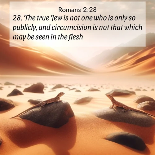 BasicEnglish Romans  ; image nature: image with the bible verse :The true Jew is not one who is only so publicly, and circumcision is not that which may be seen in the flesh: ; Discover a rich selection of Bible verse images illustrated by natural landscapes like tranquil beaches, golden fields, and majestic trees. These images aim to capture the peace and beauty of God&#039;s creation, with vibrant colors and varied typography. Download and share inspiring verses like KJV Romans 2:28. Current verse is overlayed with the thematic nature scene : Desert lizards bask on sun-hot rocks. Heat mirages dance like water. ; 2:28