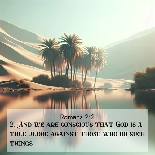 BasicEnglish Romans  ; image nature: image with the bible verse :And we are conscious that God is a true judge against those who do such things. ; Browse a vast collection of Bible verse images featuring awe-inspiring landscapes such as calm lakes, vibrant sunsets, and peaceful fields. Download them for free and enjoy verses like KJV Romans 2:2. Current verse is overlayed with the thematic nature scene : A desert oasis shimmers in the midday heat, palm fronds rustling above still waters. ; 2:2