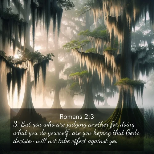 BasicEnglish Romans  ; image nature: image with the bible verse :But you who are judging another for doing what you do yourself, are you hoping that God&#039;s decision will not take effect against you? ; Browse a vast collection of Bible verse images featuring awe-inspiring landscapes such as calm lakes, vibrant sunsets, and peaceful fields. Download them for free and enjoy verses like KJV Romans 2:3. Current verse is overlayed with the thematic nature scene : Moss-draped cypress trees emerge from morning fog. Spanish moss sways like ancient lace. ; 2:3