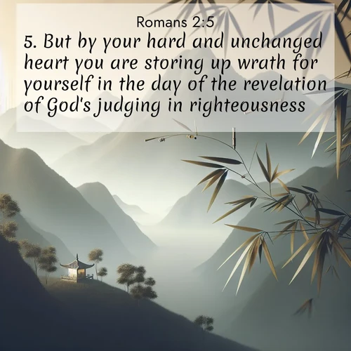 BasicEnglish Romans  ; image nature: image with the bible verse :But by your hard and unchanged heart you are storing up wrath for yourself in the day of the revelation of God&#039;s judging in righteousness; ; Download Bible verse images paired with breathtaking nature photos like golden deserts, shimmering seas, and blossoming orchards. These high-quality, free images are perfect for wallpapers or sharing. Verses include KJV Romans 2:5. Current verse is overlayed with the thematic nature scene : Bamboo leaves whisper secrets in mountain wind. A temple bell rings in the distance. ; 2:5