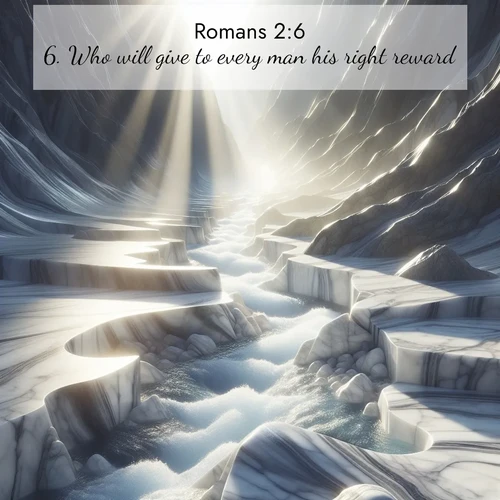 BasicEnglish Romans  ; image nature: image with the bible verse :Who will give to every man his right reward: ; Explore a winter collection of Bible verse images adorned with photos of icy landscapes, frozen waterfalls, and snow-covered forests. These scenes capture divine tranquility and purity. Download inspiring verses like KJV Romans 2:6. Current verse is overlayed with the thematic nature scene : Mountain streams carve marble smooth. Sunlight dances on clear pools. ; 2:6