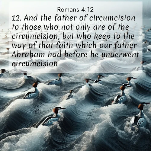 BBE Romans 4:12 overlaying nature image scene: Wild mergansers ride river rapids. Their wakes create endless patterns.;12. And the father of circumcision to those who not only are of the circumcision, but who keep to the way of that faith which our father Abraham had before he underwent circumcision.