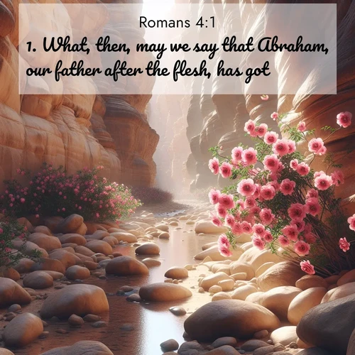 BBE Romans 4:1 overlaying nature image scene: Desert roses bloom in a hidden canyon after rare rainfall. Their pink petals contrast against weathered sandstone walls.;1. What, then, may we say that Abraham, our father after the flesh, has got?