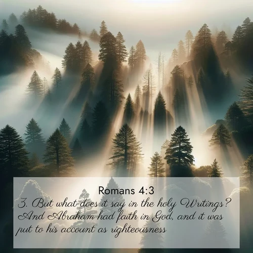 BBE Romans 4:3 overlaying nature image scene: Coastal redwoods disappear into fog. Filtered sunlight creates divine rays.;3. But what does it say in the holy Writings? And Abraham had faith in God, and it was put to his account as righteousness.