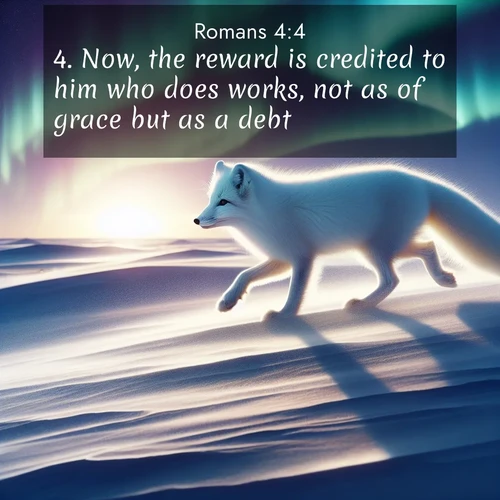 BBE Romans 4:4 overlaying nature image scene: An arctic fox hunts across windswept tundra. Northern lights paint its white coat in pastels.;4. Now, the reward is credited to him who does works, not as of grace but as a debt.