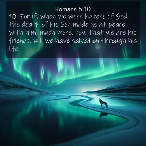 BBE Romans 5:10 overlaying nature image scene: Northern lights dance across a frozen lake in ribbons of green and purple. A lone wolf howls from the distant shore.;10. For if, when we were haters of God, the death of his Son made us at peace with him, much more, now that we are his friends, will we have salvation through his life;
