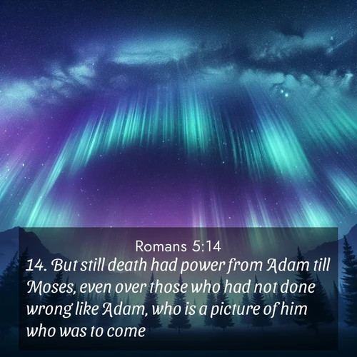 BBE Romans 5:14 overlaying nature image scene: Aurora borealis ripples like cosmic curtains. Pine trees stand sentinel beneath the light show.;14. But still death had power from Adam till Moses, even over those who had not done wrong like Adam, who is a picture of him who was to come.