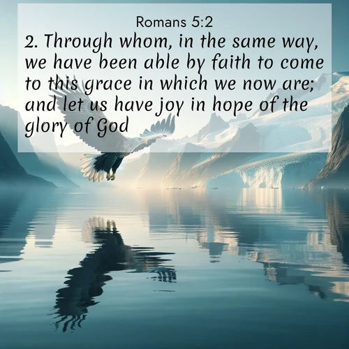 BBE Romans 5:2 overlaying nature image scene: A sea eagle soars above fjord waters. Glaciers loom blue in Arctic light.;2. Through whom, in the same way, we have been able by faith to come to this grace in which we now are; and let us have joy in hope of the glory of God.