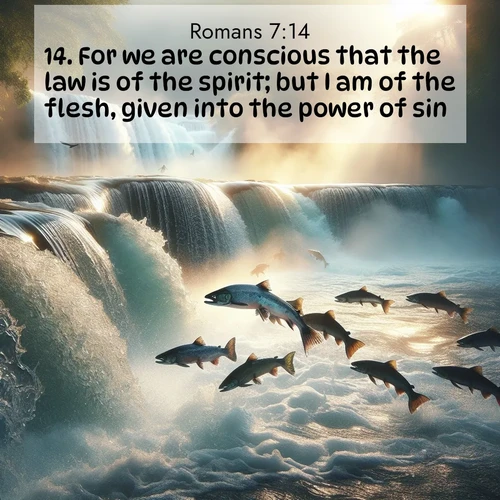 BasicEnglish Romans  ; image nature: image with the bible verse :For we are conscious that the law is of the spirit; but I am of the flesh, given into the power of sin. ; Explore a collection of Bible verses paired with springtime scenes, featuring blooming flowers, lush meadows, and trees in full bloom. These images symbolize divine renewal and hope. Download inspiring verses like KJV Romans 7:14. Current verse is overlayed with the thematic nature scene : Wild salmon leap ancient waterfalls. Mist rises like spirits in morning light. ; 7:14