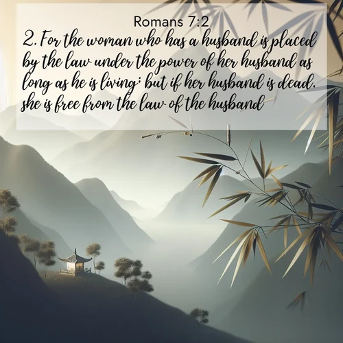 BasicEnglish Romans  ; image nature: image with the bible verse :For the woman who has a husband is placed by the law under the power of her husband as long as he is living; but if her husband is dead, she is free from the law of the husband. ; Admire Bible verse images illustrated by summer photos, such as sunny beaches, sparkling waves, and swaying palm trees. These bright scenes highlight the joy and warmth of God&#039;s creation. Download and share verses like KJV Romans 7:2. Current verse is overlayed with the thematic nature scene : Bamboo leaves whisper secrets in mountain wind. A temple bell rings in the distance. ; 7:2