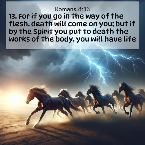 BBE Romans 8:13 overlaying nature image scene: Wild horses race approaching storms. Lightning illuminates their power.;13. For if you go in the way of the flesh, death will come on you; but if by the Spirit you put to death the works of the body, you will have life.