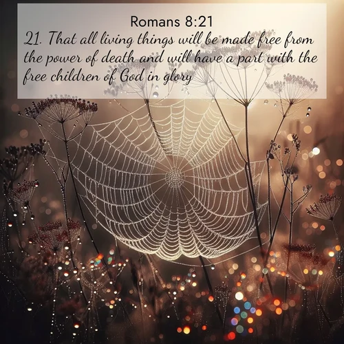BBE Romans 8:21 overlaying nature image scene: Morning fog reveals spider galaxies. Dew drops capture rainbow light.;21. That all living things will be made free from the power of death and will have a part with the free children of God in glory.