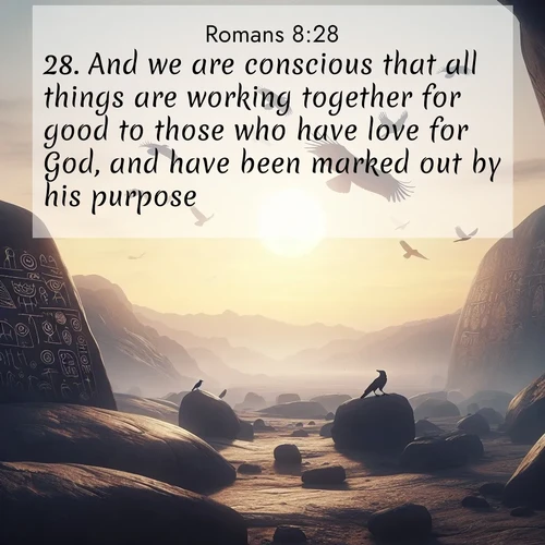 BBE Romans 8:28 overlaying nature image scene: Desert petroglyphs tell ancient stories. Ravens soar past wearing shadows for wings.;28. And we are conscious that all things are working together for good to those who have love for God, and have been marked out by his purpose.