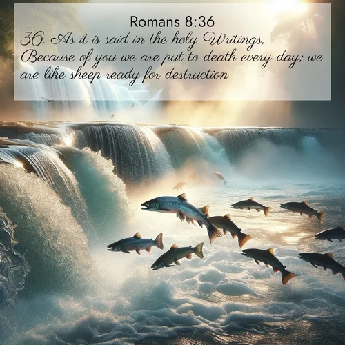 BBE Romans 8:36 overlaying nature image scene: Wild salmon leap ancient waterfalls. Mist rises like spirits in morning light.;36. As it is said in the holy Writings, Because of you we are put to death every day; we are like sheep ready for destruction.