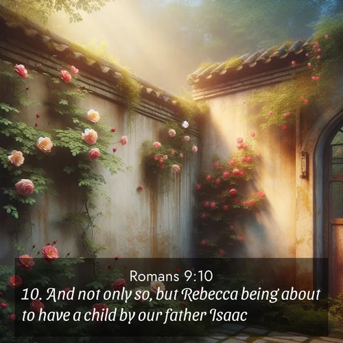 BasicEnglish Romans  ; image nature: image with the bible verse :And not only so, but Rebecca being about to have a child by our father Isaac-- ; Explore our vast collection of images featuring beautifully illustrated Bible verses accompanied by nature photos. Discover inspiring and motivating verses paired with soothing landscapes, like shimmering lakes, majestic mountains, and lush forests. Our images highlight the peaceful beauty of God&#039;s creation with vibrant colors and varied fonts. Download and share verse images like KJV Romans 9:10. Current verse is overlayed with the thematic nature scene : Wild roses climb abandoned walls. Time stands still in secret gardens. ; 9:10