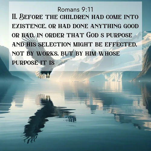 BasicEnglish Romans  ; image nature: image with the bible verse :Before the children had come into existence, or had done anything good or bad, in order that God&#039;s purpose and his selection might be effected, not by works, but by him whose purpose it is, ; Dive into our collection of Bible verse images combined with sublime nature photos, such as graceful waterfalls, radiant sunsets, and endless meadows. These compositions highlight the peace and harmony of God&#039;s creation with vivid colors and carefully integrated text. Download and share verses like KJV Romans 9:11. Current verse is overlayed with the thematic nature scene : A sea eagle soars above fjord waters. Glaciers loom blue in Arctic light. ; 9:11