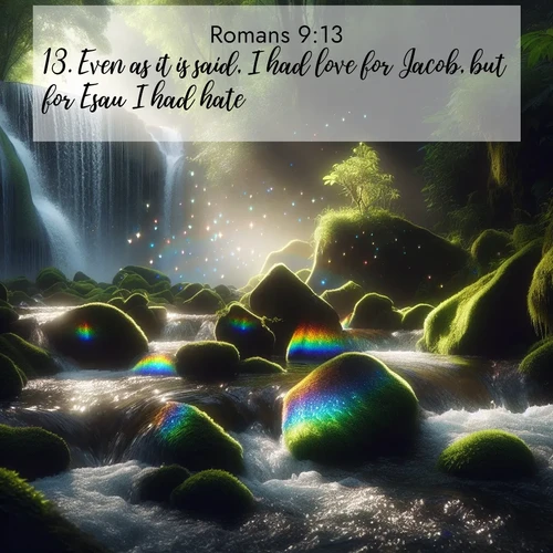 BasicEnglish Romans  ; image nature: image with the bible verse :Even as it is said, I had love for Jacob, but for Esau I had hate. ; Dive into our collection of Bible verse images combined with sublime nature photos, such as graceful waterfalls, radiant sunsets, and endless meadows. These compositions highlight the peace and harmony of God&#039;s creation with vivid colors and carefully integrated text. Download and share verses like KJV Romans 9:13. Current verse is overlayed with the thematic nature scene : Rainbow prisms dance in a waterfall&#039;s spray. Moss glows emerald in filtered light. ; 9:13