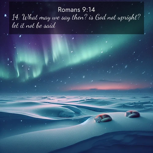 BasicEnglish Romans  ; image nature: image with the bible verse :What may we say then? is God not upright? let it not be said. ; Discover a gallery of Bible verse images showcasing the beauty of autumn, with golden leaves, red forests, and peaceful fields bathed in soft light. These soothing scenes are perfect for accompanying inspiring verses like KJV Romans 9:14. Current verse is overlayed with the thematic nature scene : Northern lights dance across the frozen tundra in ribbons of green and purple. Snow falls silently on sleeping arctic foxes. ; 9:14