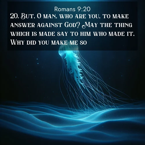 BasicEnglish Romans  ; image nature: image with the bible verse :But, O man, who are you, to make answer against God? May the thing which is made say to him who made it, Why did you make me so? ; Discover Bible images adorned with spring landscapes, like tulip fields, cherry blossoms, and green hills. These bright scenes symbolize God&#039;s renewal and grace. Download verses like KJV Romans 9:20. Current verse is overlayed with the thematic nature scene : A lone jellyfish pulses through midnight waters. Its bioluminescent tendrils paint trails of azure light in the depths. ; 9:20