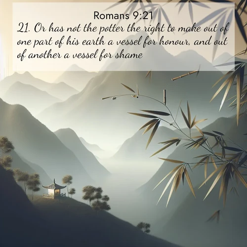 BasicEnglish Romans  ; image nature: image with the bible verse :Or has not the potter the right to make out of one part of his earth a vessel for honour, and out of another a vessel for shame? ; Explore free Bible verse images with stunning nature themes, including sunlit paths, forest clearings, and endless horizons. Perfect for desktop backgrounds or phone wallpapers. Verses include KJV Romans 9:21. Current verse is overlayed with the thematic nature scene : Bamboo leaves whisper secrets in mountain wind. A temple bell rings in the distance. ; 9:21
