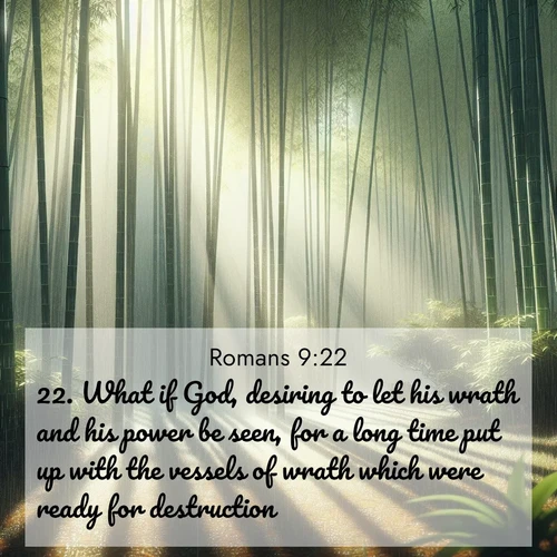 BasicEnglish Romans  ; image nature: image with the bible verse :What if God, desiring to let his wrath and his power be seen, for a long time put up with the vessels of wrath which were ready for destruction: ; Discover a gallery of Bible verse images showcasing the beauty of autumn, with golden leaves, red forests, and peaceful fields bathed in soft light. These soothing scenes are perfect for accompanying inspiring verses like KJV Romans 9:22. Current verse is overlayed with the thematic nature scene : Bamboo forests cast striped shadows while a gentle rain patters on broad leaves. ; 9:22