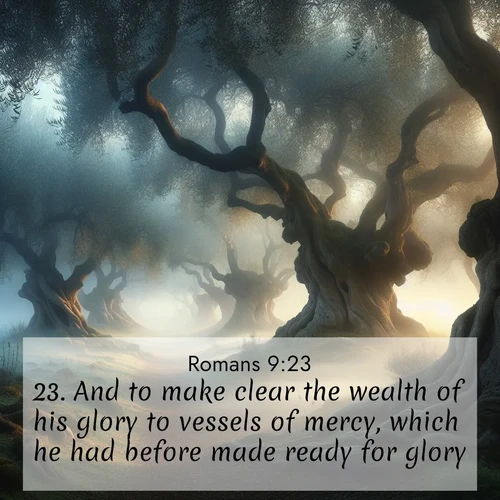 BasicEnglish Romans  ; image nature: image with the bible verse :And to make clear the wealth of his glory to vessels of mercy, which he had before made ready for glory, ; Explore a gallery of beautiful Bible verse images with tranquil natural settings—perfect for phone backgrounds or inspirational posts. Download your favorite verses like KJV Romans 9:23 today. Current verse is overlayed with the thematic nature scene : Mist rolls through an ancient olive grove at dawn. Each gnarled trunk tells stories of centuries past. ; 9:23
