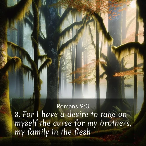 BasicEnglish Romans  ; image nature: image with the bible verse :For I have a desire to take on myself the curse for my brothers, my family in the flesh: ; Discover breathtaking Bible verse images combined with vibrant landscapes like rolling hills, blooming gardens, and starry nights. Use them as wallpapers or to inspire others. Download verses like KJV Romans 9:3. Current verse is overlayed with the thematic nature scene : Autumn fog shrouds an old-growth forest draped in moss and lichen. ; 9:3