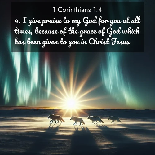 BasicEnglish 1 Corinthians  ; image nature: image with the bible verse :I give praise to my God for you at all times, because of the grace of God which has been given to you in Christ Jesus; ; Admire Bible images evoking autumn, with warm colors of fallen leaves, harvested fields, and tranquil woods. These inspiring landscapes reflect the transition and beauty of God&#039;s creation. Download verses like KJV 1 Corinthians 1:4. Current verse is overlayed with the thematic nature scene : Arctic wolves traverse windswept tundra. Northern lights paint their fur in shifting colors. ; 1:4
