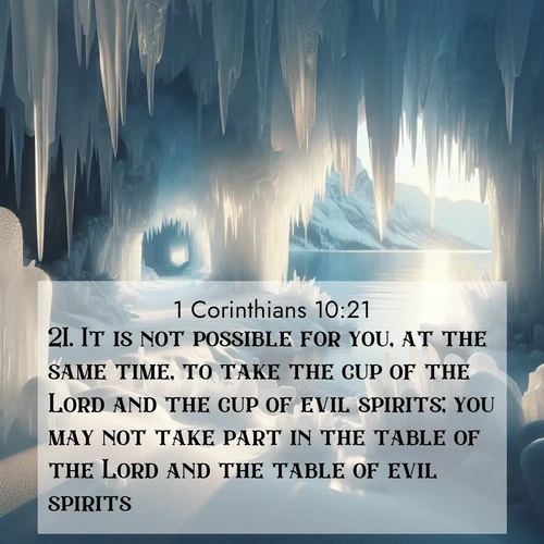 BBE 1 Corinthians 10:21 overlaying nature image scene: Winter ice forms crystal caves along lake cliffs.;21. It is not possible for you, at the same time, to take the cup of the Lord and the cup of evil spirits; you may not take part in the table of the Lord and the table of evil spirits.
