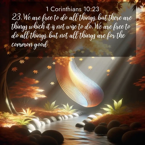 BBE 1 Corinthians 10:23 overlaying nature image scene: Autumn leaves spiral through shafts of light. A hidden stream provides gentle music.;23. We are free to do all things, but there are things which it is not wise to do. We are free to do all things, but not all things are for the common good.
