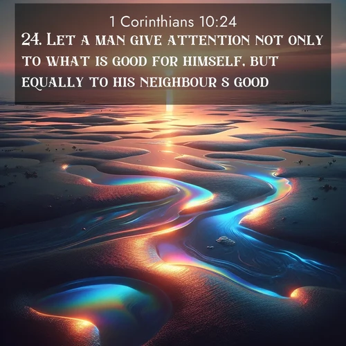BBE 1 Corinthians 10:24 overlaying nature image scene: Tidal pools reflect sunset colors at low tide.;24. Let a man give attention not only to what is good for himself, but equally to his neighbour's good.