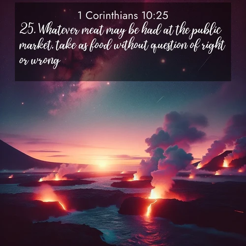 BBE 1 Corinthians 10:25 overlaying nature image scene: Lava flows meet the ocean at twilight, sending plumes of steam skyward. Stars emerge one by one above the cosmic display.;25. Whatever meat may be had at the public market, take as food without question of right or wrong;