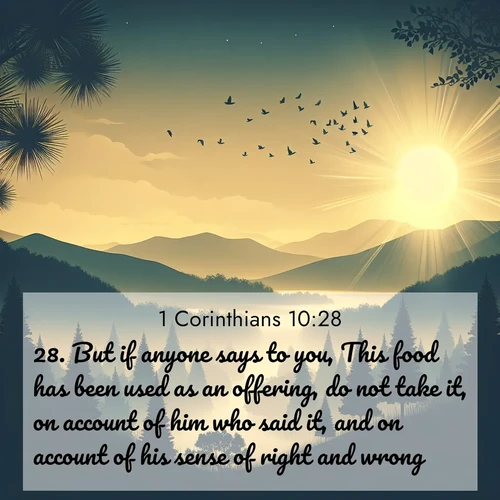 BBE 1 Corinthians 10:28 overlaying nature image scene: Morning mist reveals hidden valleys. Birdsong heralds the dawn.;28. But if anyone says to you, This food has been used as an offering, do not take it, on account of him who said it, and on account of his sense of right and wrong:
